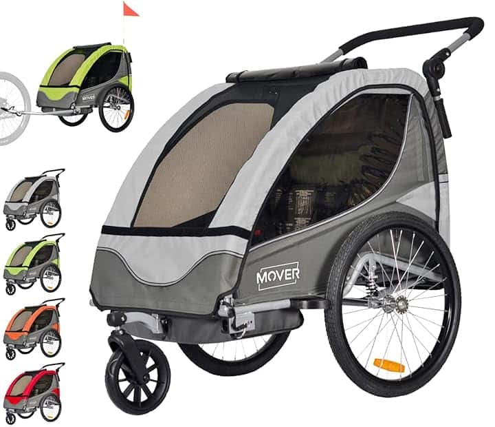 PAPILIOSHOP MOVER Rimorchio Bici per Bambini Passeggino. Anti Rovesciamento Barriera di protezione per le ruote finestre in PVC. 2 posti cintura di sicurezza a 5 punti porta oggetti sedile imbottito