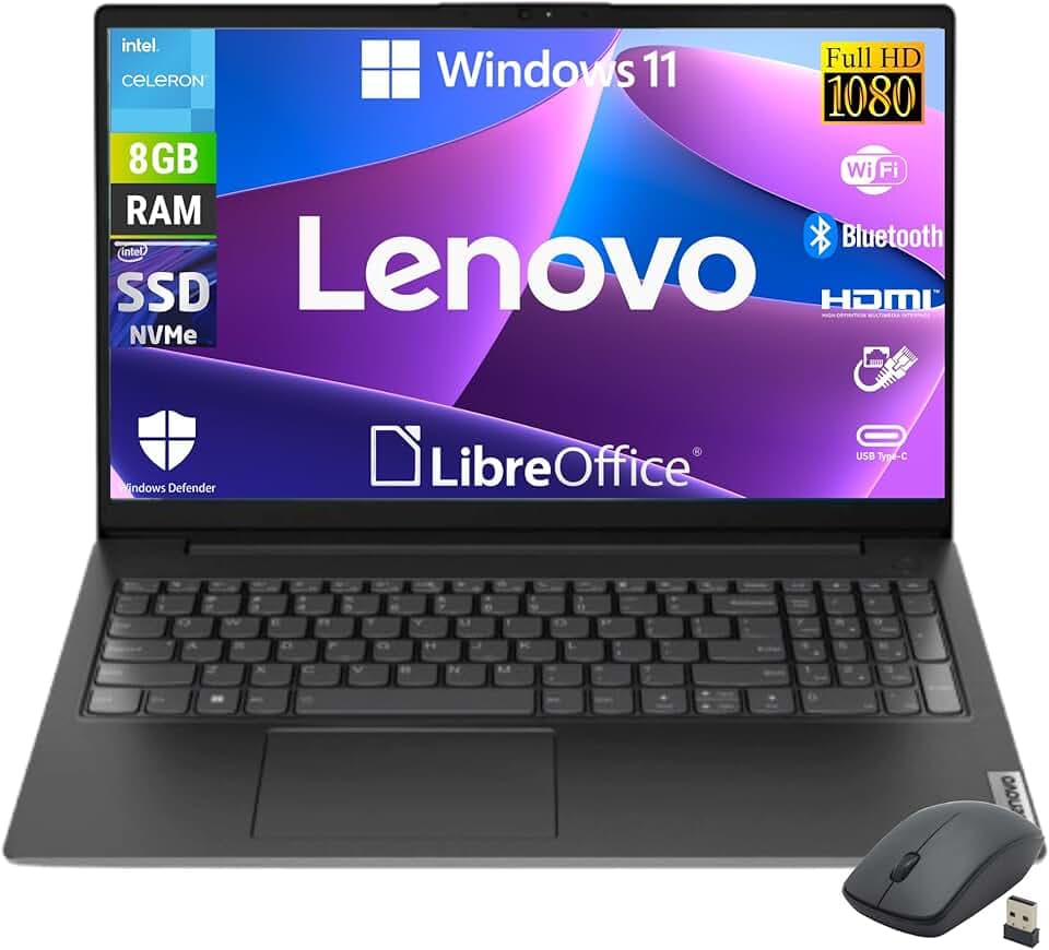 Lenovo, Notebook Pc Portatile, Display 15,6" Full HD, Intel N4500 2 Core Fino a 2.8 Ghz, Ram 8 GB DDR4, 256 GB SSD NVMe, Win 11 Pro, Pronto all'uso con Libre Office + Mouse