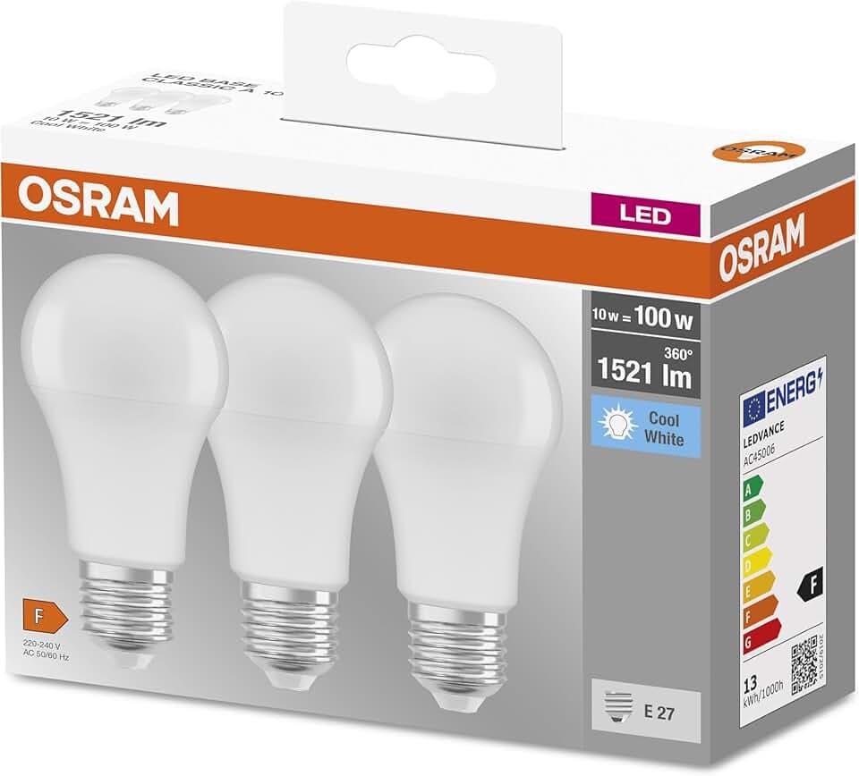 Osram LED Base Classic A Lampada, a Forma di Lampadina con Attacco E27, non dimmerabile, Sostituisce 100 watt, Opaca, Bianco Freddo, 4000 Kelvin, Confezione da 3