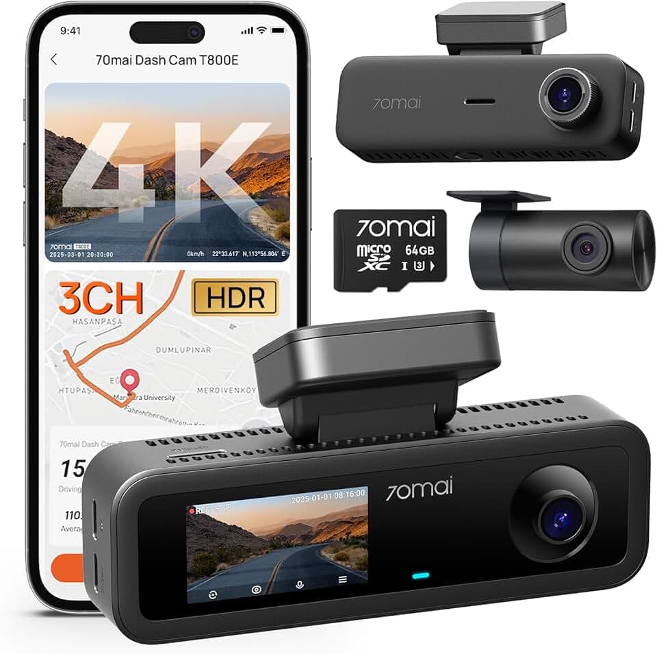 70mai Dash Cam Auto 4K 3 Canali T800E, Telecamera Tripla Anteriore e Posteriore 4K+1080P+1080P, HDR, Visione Notturna IR, Modalità Parcheggio, F1.55, GPS, Supercondensatore, 64 GB SD Inclusa