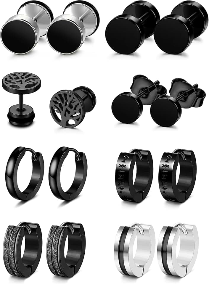 YADOCA 8 Paia Orecchini Uomo Orecchini Neri per Uomo Acciaio Inossidabile Ipoallergenico Orecchio Piercing Nero Orecchino Uomo Cerchio per Uomo Ragazzi ClimeCo Certified
