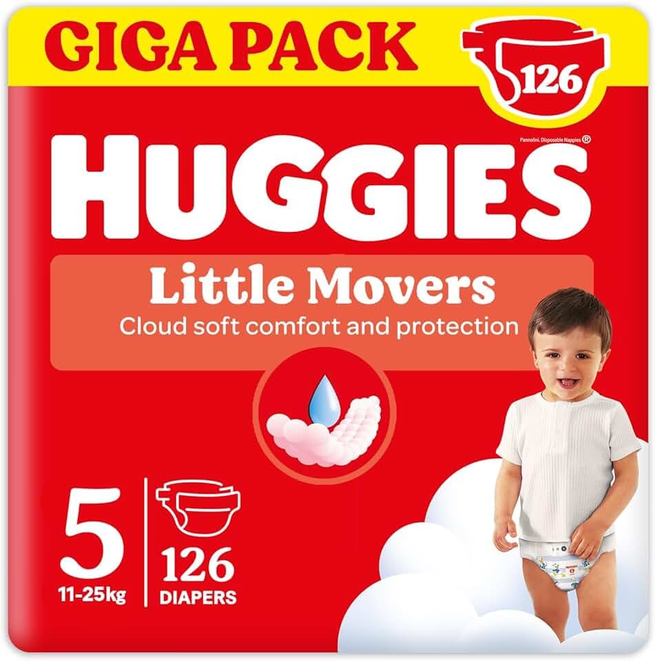 Huggies Pannolini Little Movers, Taglia 5 (11-25 Kg), Confezione da 126 pannolini, Formato Gigapack