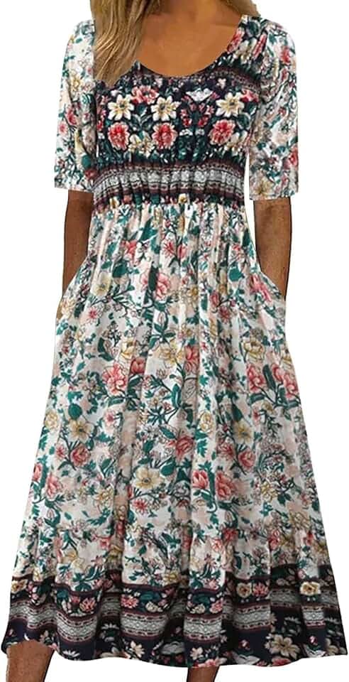 Abito estivo da donna, lungo, ampio, mezze maniche, plissettato, etnico, floreale, abito midi con tasche