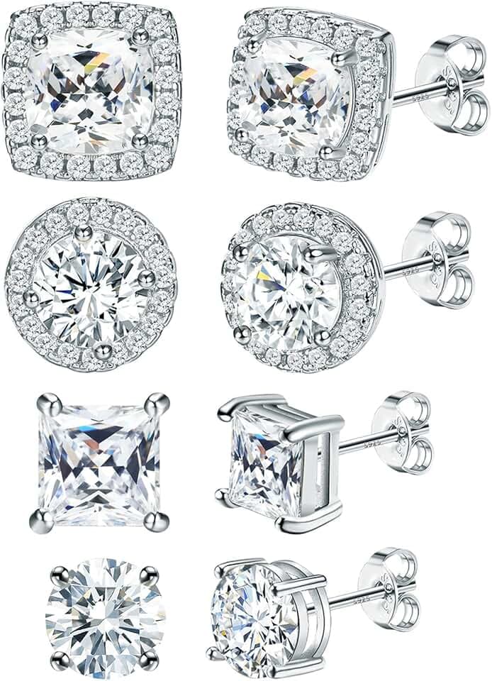 Dochais Set 4 Paia Orecchini Argento 925 Placcati Oro 14k, Ipoallergenici, Grandi Orecchini Rotondi e Quadrati Zirconi 6-10mm per Donne e Uomini, Unisex