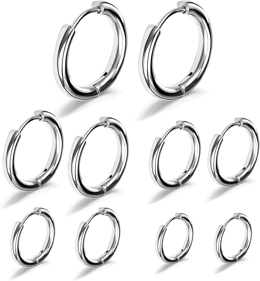 Leikedun 5 Paia Orecchini Uomo Cerchio, Orecchini a Cerchio per Donne, Orecchini Acciaio Inossidabile per Cartilagine Senza Fine 8 mm/10 mm/12 mm/14 mm/16 mm, Argento
