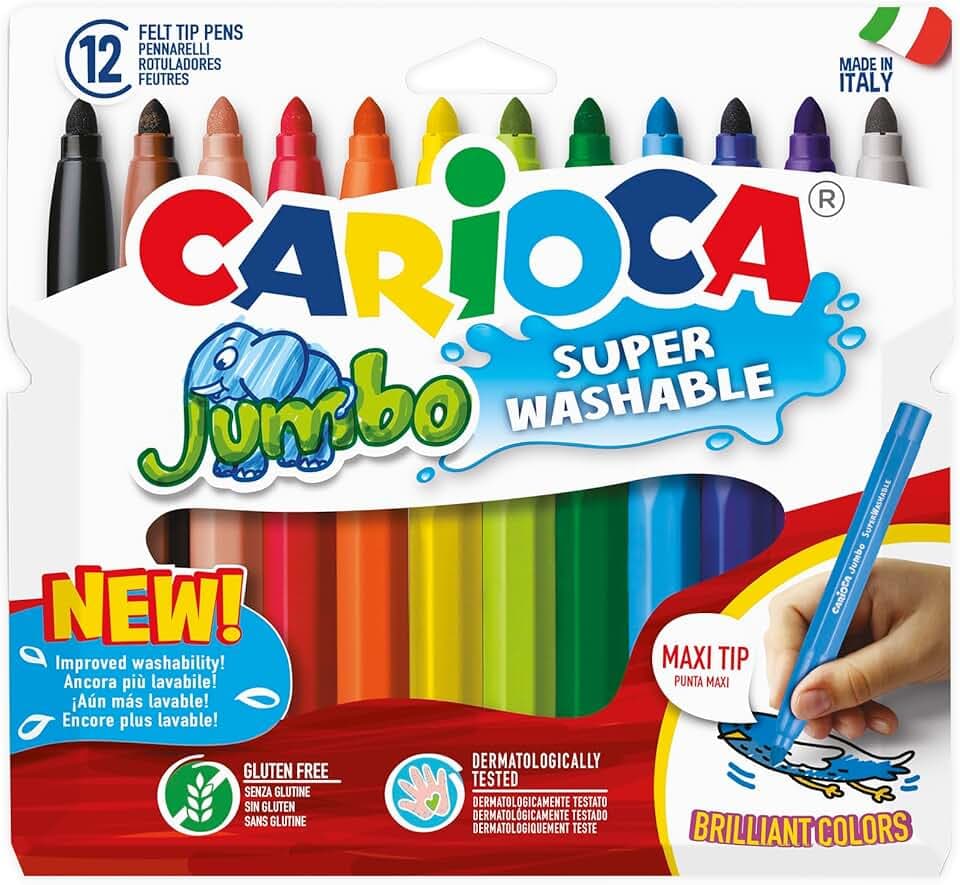 CARIOCA Pennarelli Jumbo Paperboard Wallet, Pennarelli Colorati per Bambini con Punta Maxi, Ideali per Disegnare e Colorare, Super Lavabili, Colori Assortiti, 12 Pezzi