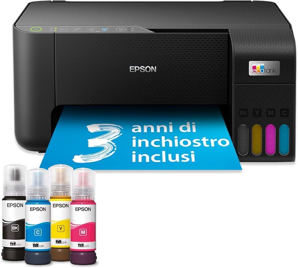 Epson EcoTank ET-2862 Stampante Multifunzione A4 con Serbatoi Ricaricabili Alta Capacità, 4 Flaconi Inclusi fino a 3600pag B/N 6500pag Colore, ottieni 20€ di cashback