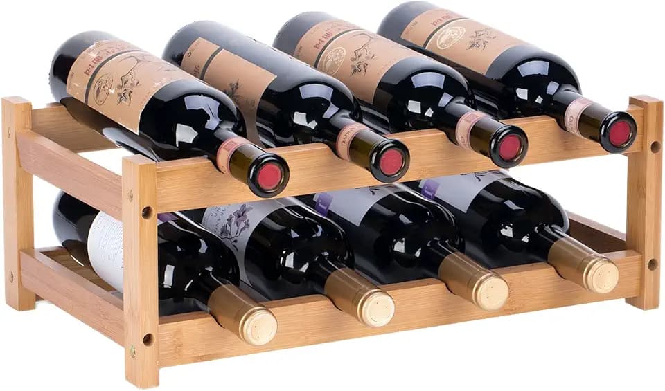 PortaBottiglie di Vino, Portabottiglie da Tavolo in Bambù Naturale, Vintage Espositore Bottiglie Scaffale Cantinetta Portabottiglie per Cucina, Bar, Cantina.(2 livelli-8 bottiglie)