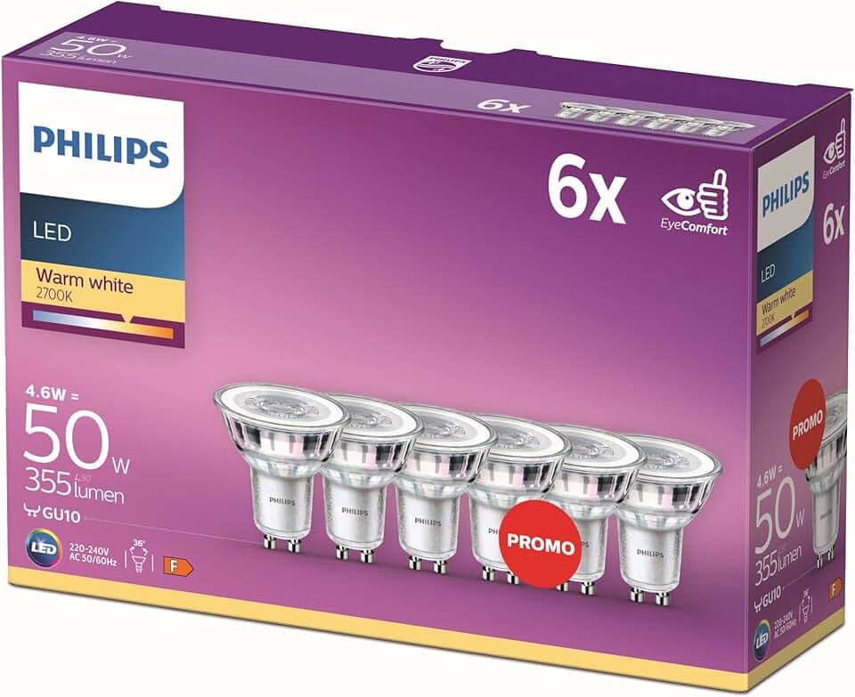 Philips LED, Faretto, 6 pz, equivalente a 50W, attacco GU10, Luce Bianca Calda