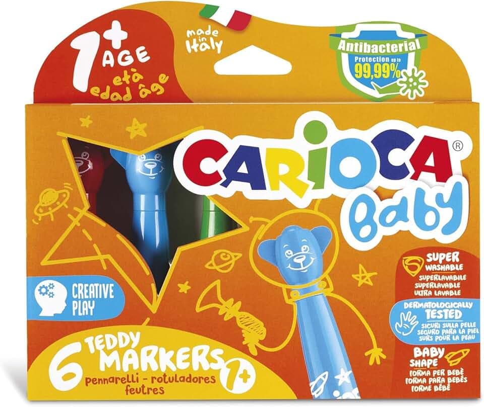CARIOCA Baby Teddy Marker 1+ | Set Colori con Pennarelli Super Lavabili, Scatola Pennarelli per Bambini dai 12 Mesi, 6 Pezzi