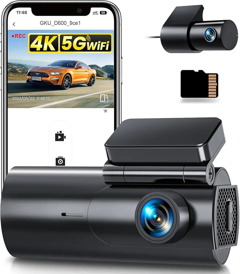 GKU Dash Cam Auto 4K+1080P, 5GHz WiFi Telecamera per Auto con Scheda SD 64G, Dashcam Auto 170° Grandangolo,Super Visione Notturna,WDR,G-Sensor,24H Monitor di Parcheggio,Registrazione in Loop,Max 256G