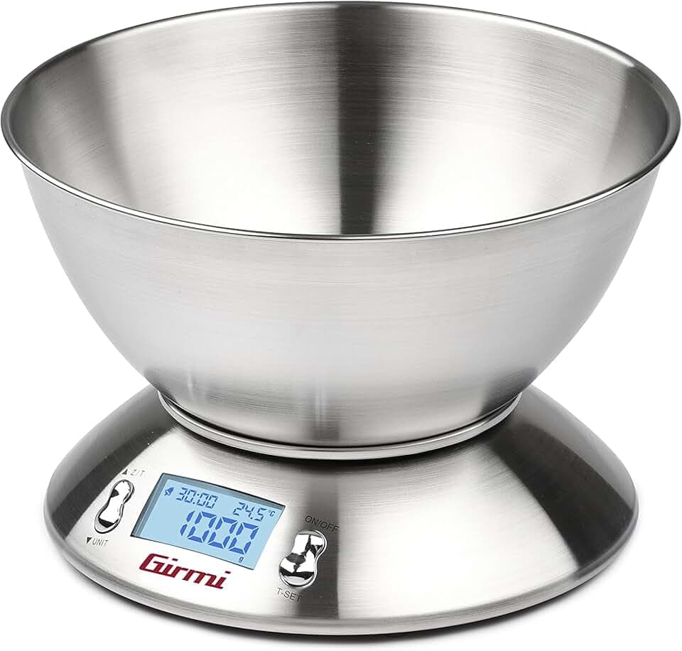 Girmi PS85 Bilancia Elettronica da Cucina,1 g/5 kg, Grande ciotola 2 L, Corpo e Ciotola Inox, Display retroilluminato, Funzione TARA, Timer