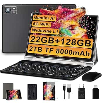 Tablet Android 22GB RAM+128GB ROM(2TB TF),tablets10 Pollici, 8000 mAH,Octa-Core T606,2.0Ghz, WiFi5G+2.4G, GPS, 8MP + 5MP, Bluetooth 5.0, Cast, Tablet PC con Custodia, Tastiera e Mouse, Nero