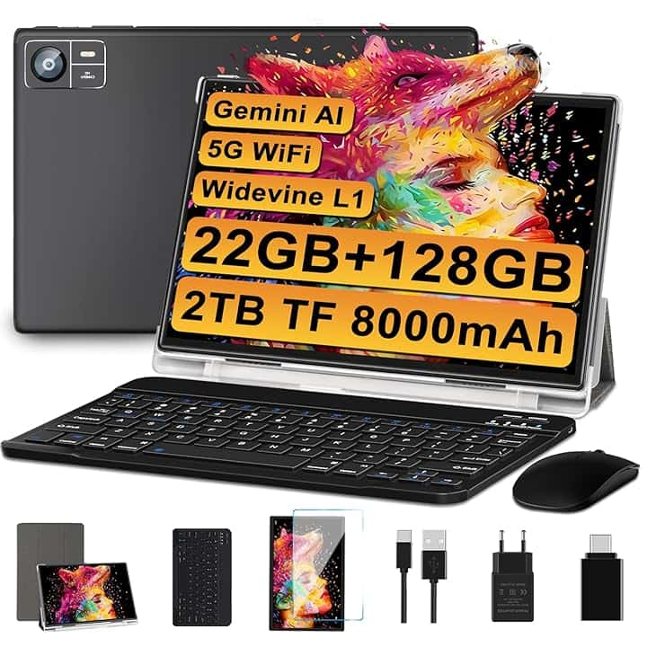 Tablet Android 22GB RAM+128GB ROM(2TB TF),tablets10 Pollici, 8000 mAH,Octa-Core T606,2.0Ghz, WiFi5G+2.4G, GPS, 8MP + 5MP, Bluetooth 5.0, Cast, Tablet PC con Custodia, Tastiera e Mouse, Nero