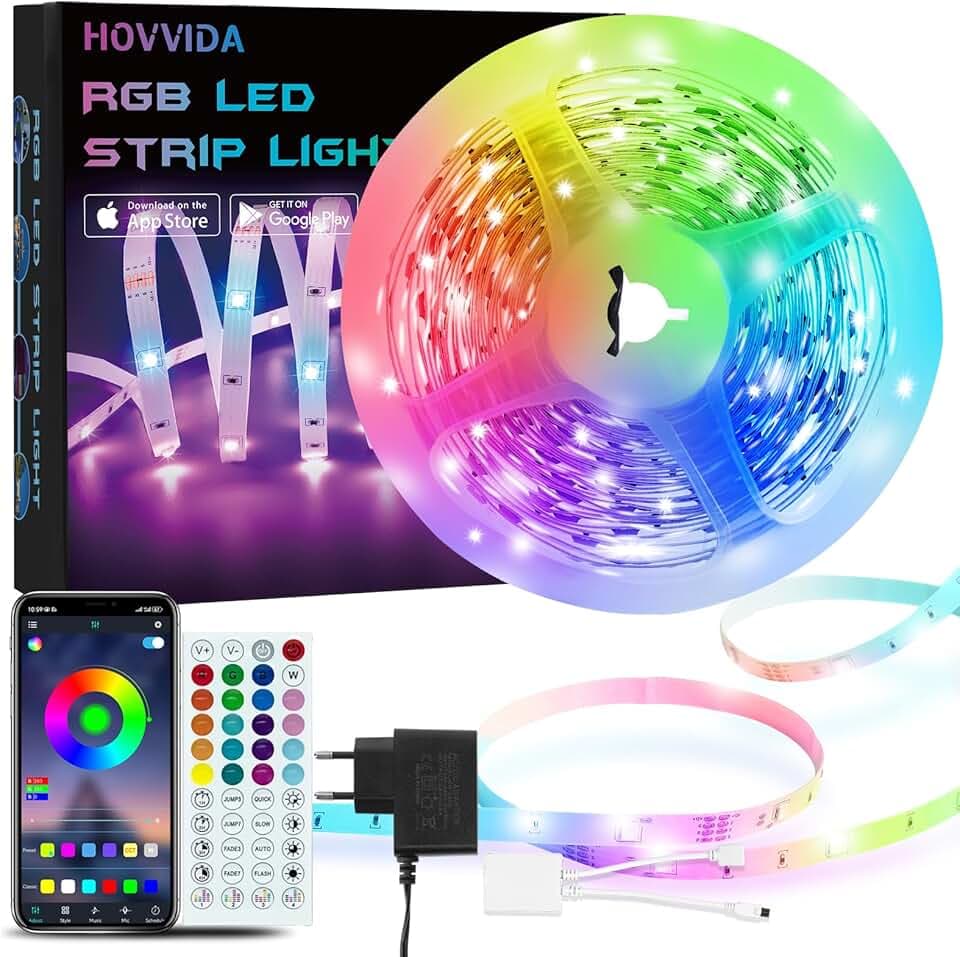 HOVVIDA Striscia LED 5M, 30 LED/Metro, 1x5M, APP e Telecomando, 150 LED, 24V RGB LED, Modalità Musica, Modalità Temporizzazione, LED per Camera, Soggiorno, Cucina, Camera da Letto, Bar, Festa