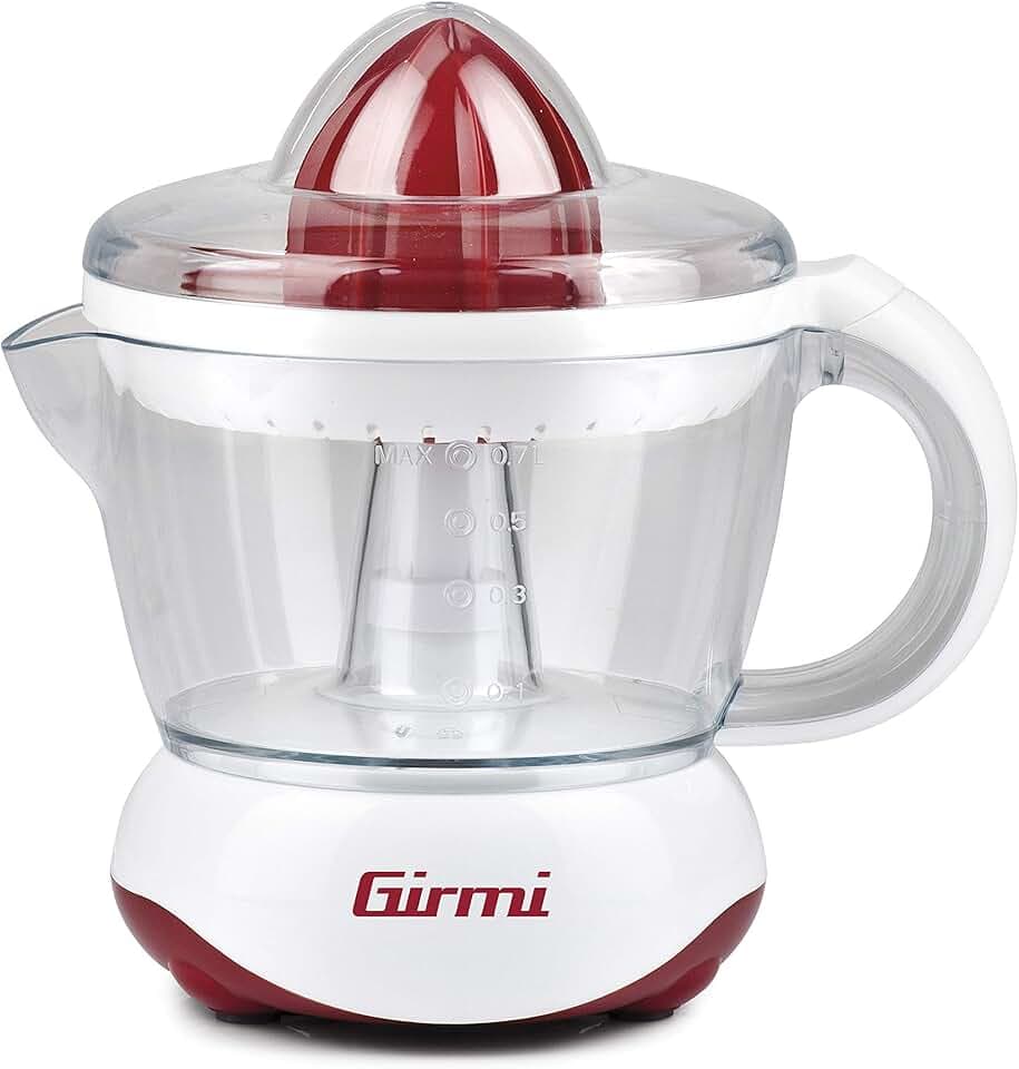 Girmi SR02 Spremiagrumi Elettrico, 25 W, Doppia rotazione, Capacità 700cc, Doppia coppa di spremitura piccola e grande, Rosso/Bianco
