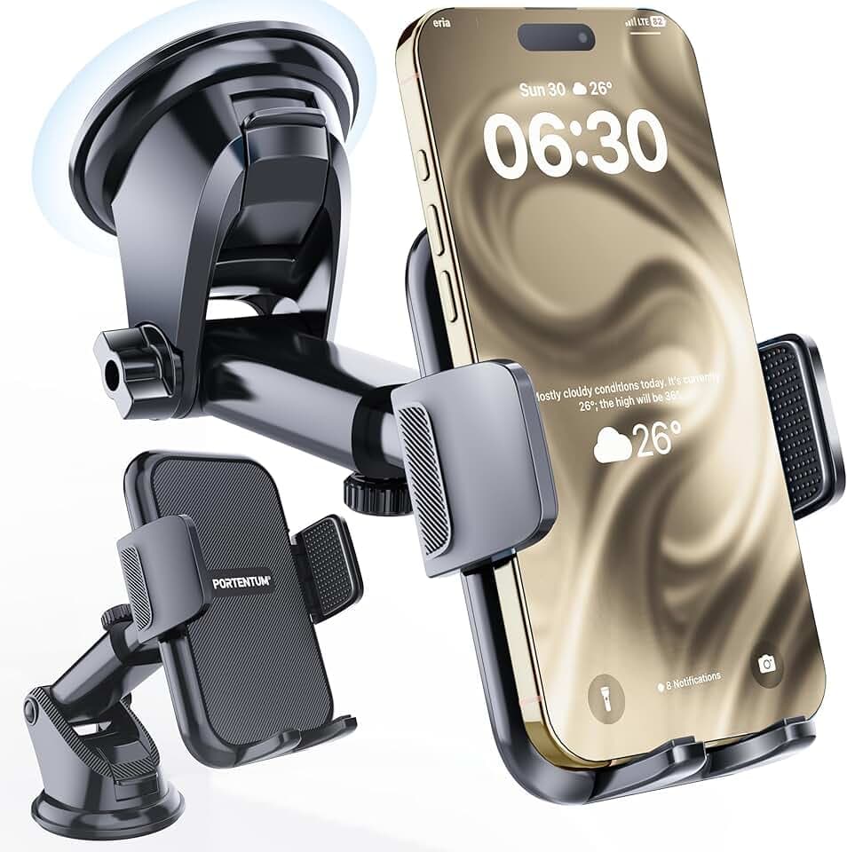 PORTENTUM Porta cellulare auto con ventosa per telefono rinforzata – Nuova versione 2026 – Rotazione a 360° e braccio estensibile – Cruscotto e parabrezza – Compatibile con telefoni da 4 a 7,5"