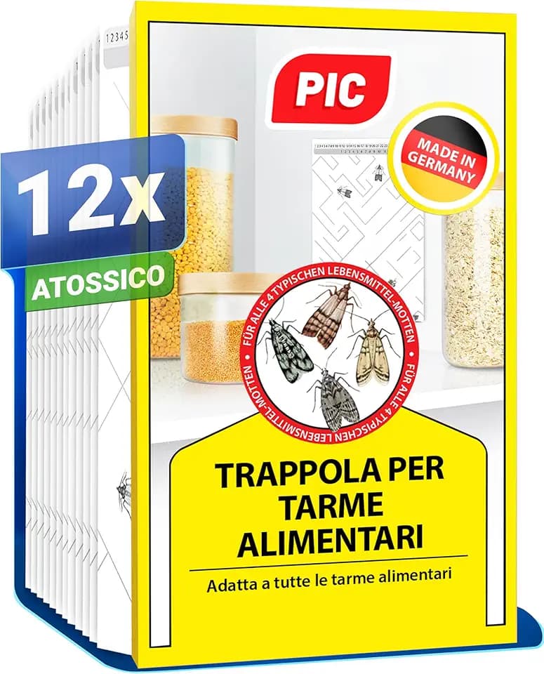 Trappole Farfalline Alimentari PIC - 12 Trappole Antitarme Alimentari - Trappole per tarme della dispensa con feromone, Trappole adesive efficaci per determinare l'infestazione di farfalline del cibo
