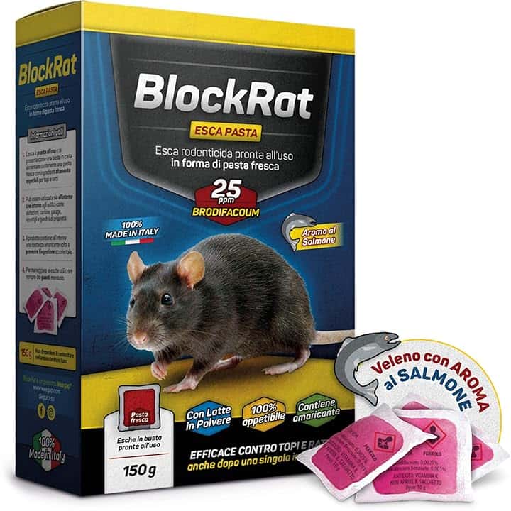Veleno per Topi Professionale, Esca Topicida Ratticida in Bustine di Pasta Fresca, Novità Aroma al Salmone, Rodenticida Potente Rosso, Uso Esterno ed Interno, 100% Made in Italy - BlockRat 150 g