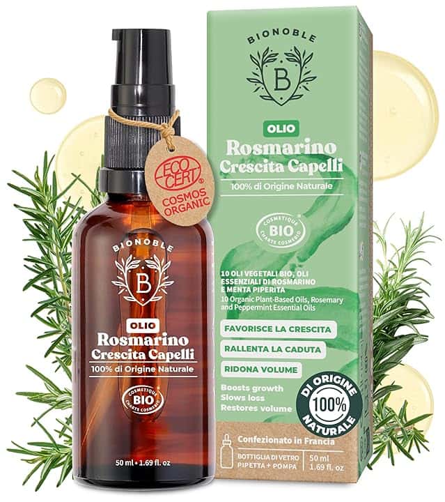 BIONOBLE Olio di Rosmarino per Capelli Bio - Stimola Crescita, Nutre il Cuoio Capelluto - Olio Capelli Rosmarino, Ricino, Argan - Rosemary Oil for Hair Growth - Bottiglia di Vetro, Pipetta - 50ml COSMOS Organic di Ecocert