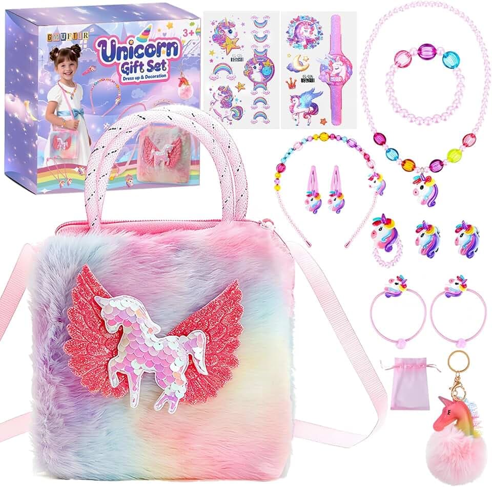 GMUFTIR GMUFTIR Borsetta Bambina Gioielli Bambina Set, 15 Pezzi Unicorno Regalo, Borsa Unicorno Collana Bracciale Anello Orecchini Fermagli per Capelli, Regali di Compleanno 3 4 5 6 7 8 Anni
