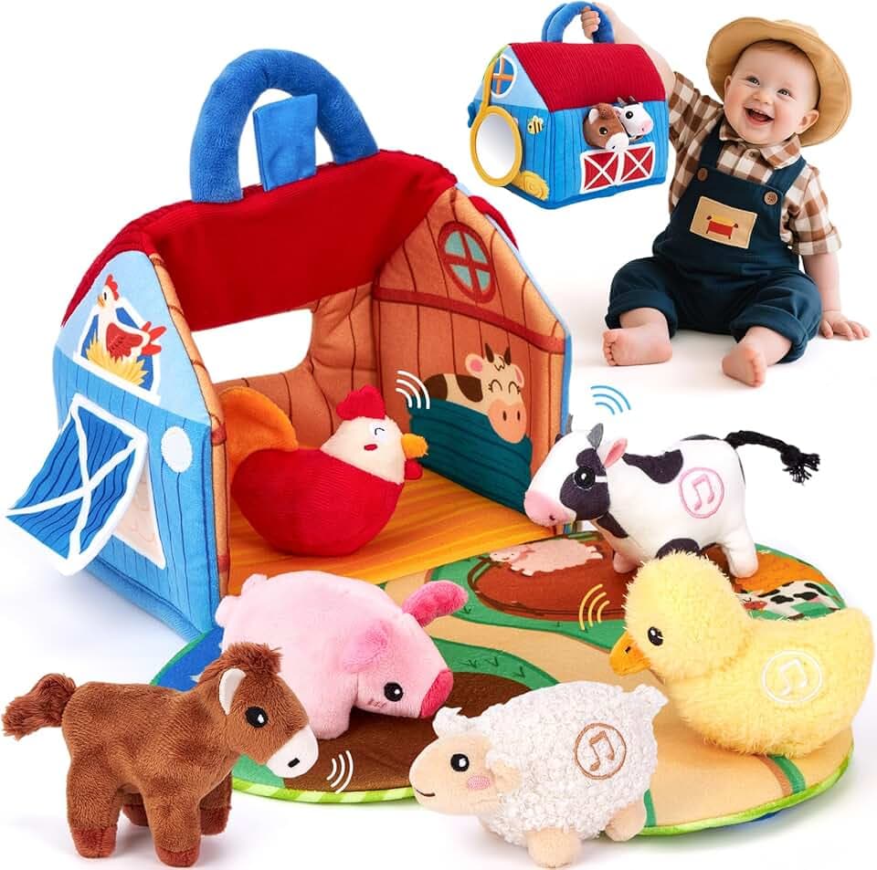 hahaland Giochi Bambini 1 anno - Fattoria Sonora in Peluche, con 6 Animali Morbidi e Suoni Realistici, Gioco Educativo Bambino Montessori Sensoriale Regalo 6 12 18 mesi Global Recycled Standard