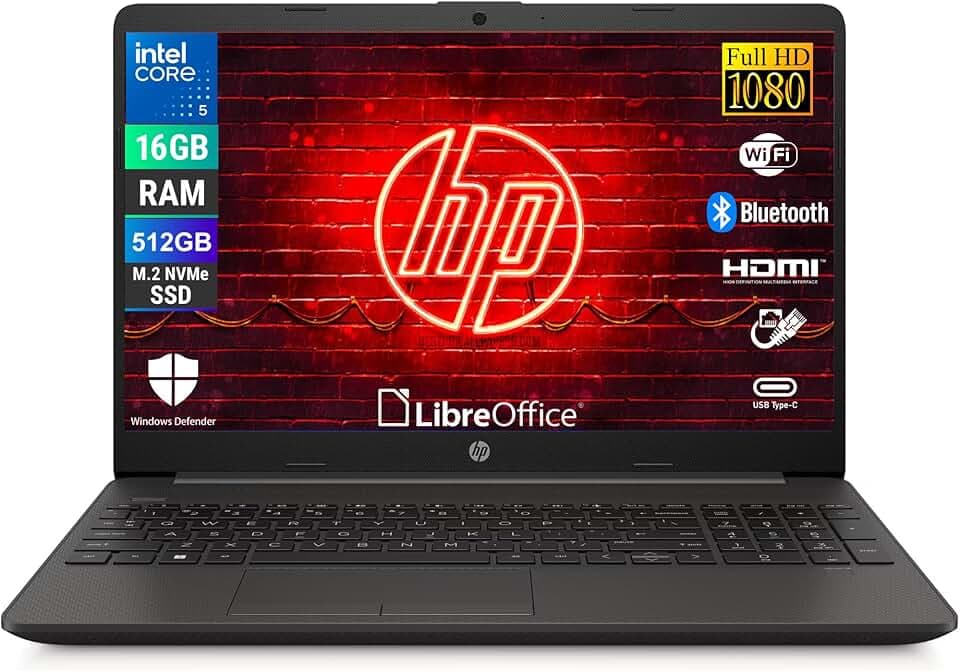 HP 250R G9, Computer Portatile Notebook, Intel 5-120u 10 Core 1.4Ghz, Display 15.6'' FHD, Ram 16GB, SSD 512GB, Windows 11, Pronto all'uso con Libre Office