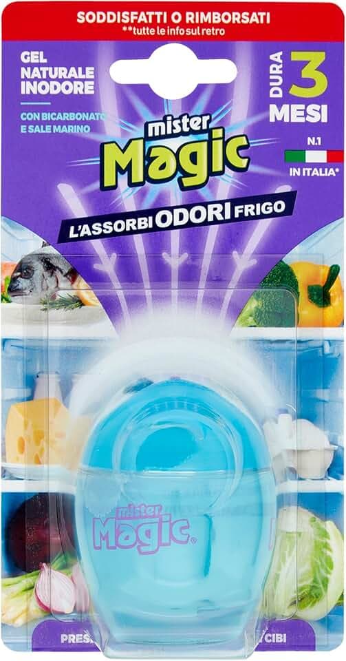 Mister Magic Assorbiodori Frigo , Gel Naturale Inodore con Bicarbonato e Sale Marino, Elimina i cattivi Odori di Cibo, Dura fino a 3 mesi, Accessori Cucina (Confezione da 1 Unità)