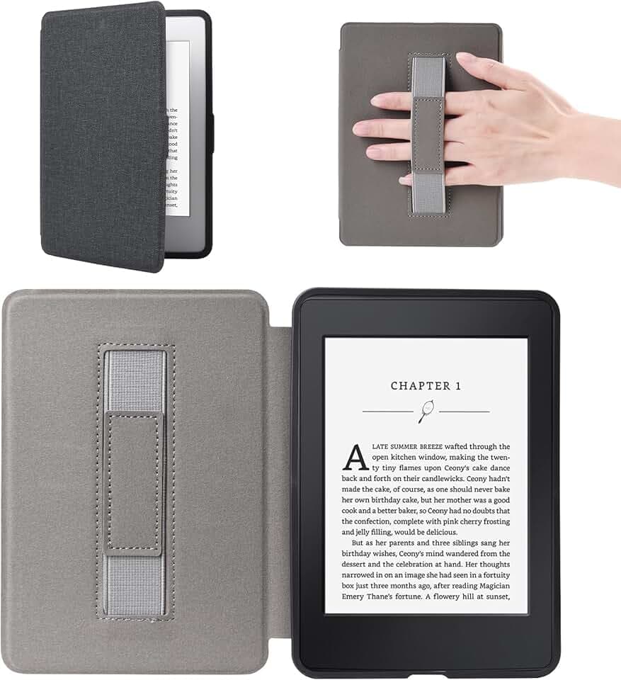 Custodia per Kindle Paperwhite con chiusura magnetica 2012-2017 (7a/6a/5a generazione, numero di modello: EY21, DP75SDI) con cinturino da polso e funzione di accensione e spegnimento automatico