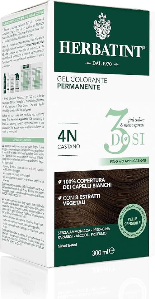 Herbatint Gel Colorante Permanente 3Dosi, 300ml - 4N Castano, Senza Ammoniaca, per Pelli Sensibili, 100% Copertura Capelli Bianchi, con 8 Estratti Naturali Bio