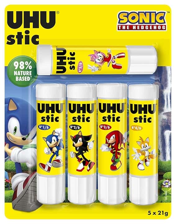 UHU Stic Sonic Limited Edition Collezionabili, Colla Stick per la Scuola Adatta ai Bambini, Senza Solventi, Colla Sicura per i Lavoretti, Box Composta da 5 Stick da 21g