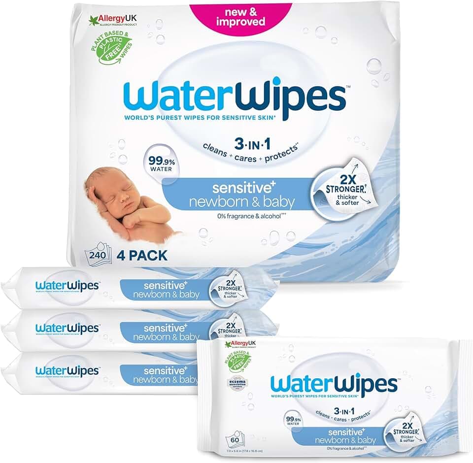 WaterWipes Sensitive+ Newborn & Baby Wipes, Salviettine per Neonati e Bambini, 240 Pezzi (4 Confezioni), Deterge, Cura, Protegge, 99,9% Acqua, Senza Profumo