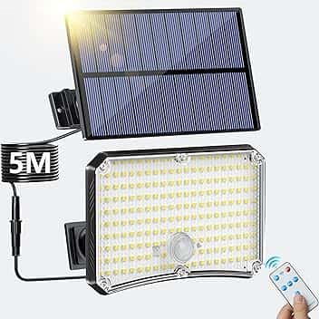 Lampada Solare da Esterno - 200LED Luce Solare LED Esterno con Sensore di Movimento 2200mAh 4 Modes Telecomando Faretto LED da Esterno Solare con Pannello, Luci da Esterno Giardino Solari con 5M Cavo