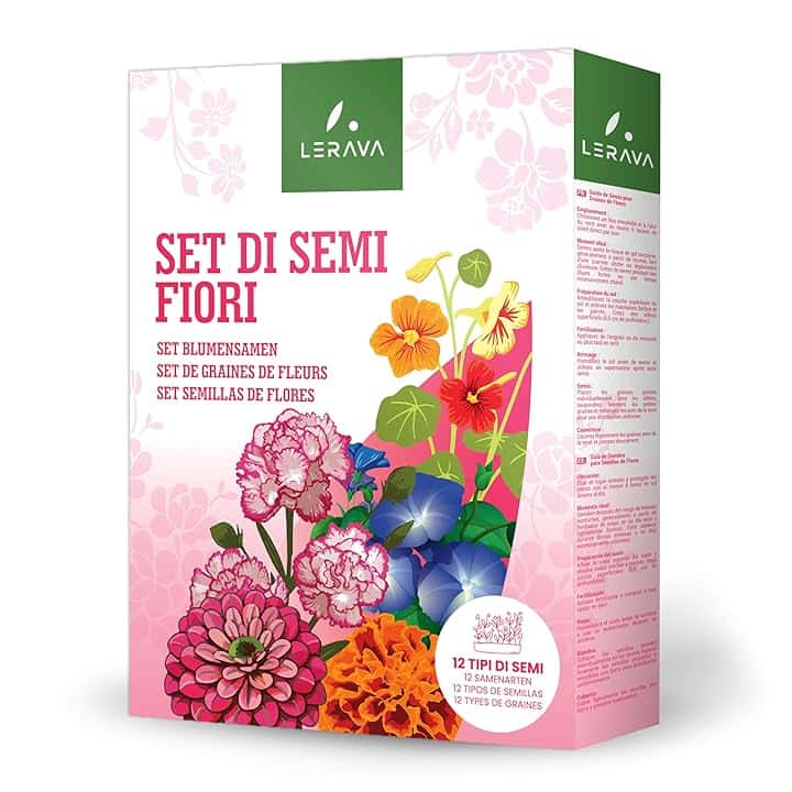 LERAVA Semi Fiori (12 varietà) - Set semi prato fiorito con Margherita, Nasturzio, Zinnia, Tagete, Calendula, Garofano, Myosotis, Astro, Cosmea, Ipomea, Lupino - Fiori annuali e perenni per giardino