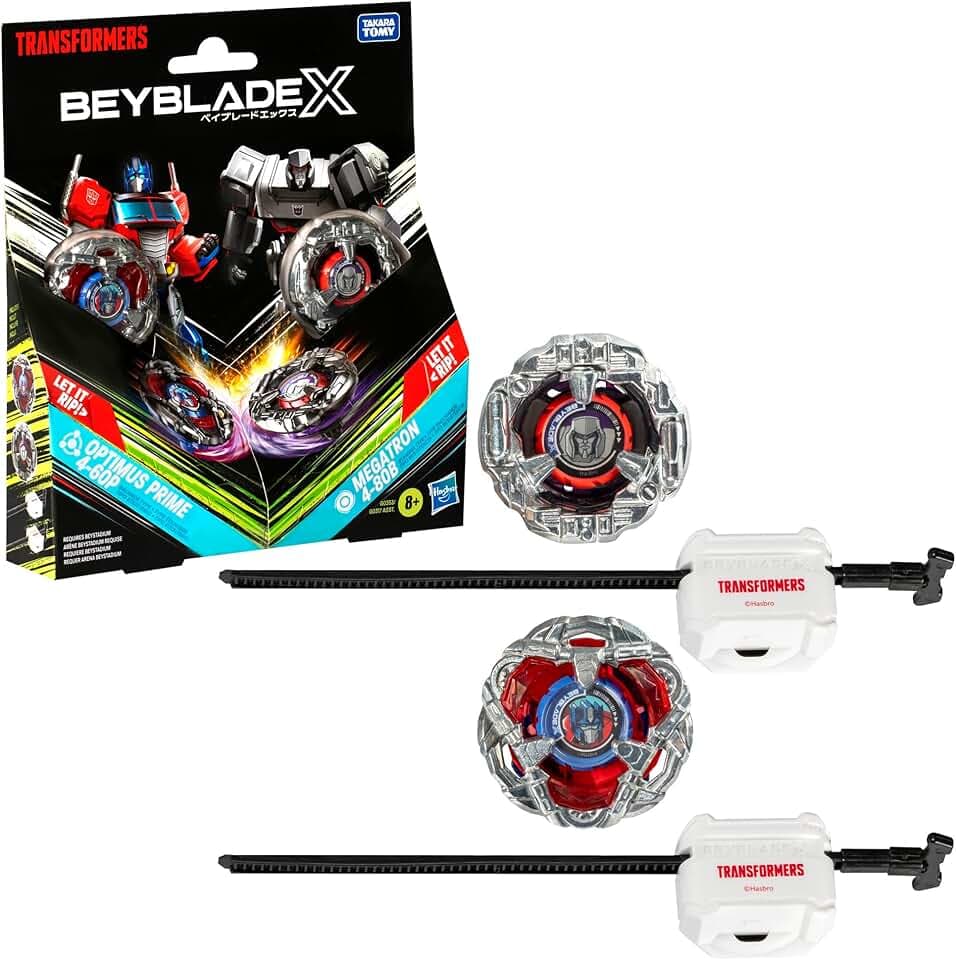Beyblade X in collaborazione con Transformers, Optimus Prime 4-60P vs. Megatron 4-80B, confezione multipla con 2 trottole e 2 lanciatori, trottole da battaglia per bambini e bambine di 8 anni