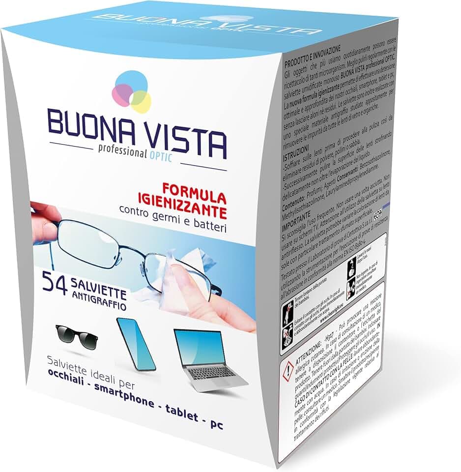 Buona Vista - Salviette Pulizia Occhiali - Con Formula Igienizzante - Speciale Materiale Antigraffio - Monouso - Formato: 54 Salviette Incartate Singolarmente