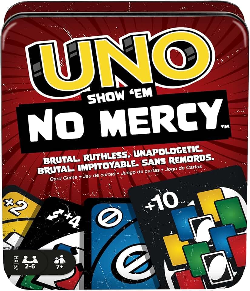 Mattel Games - UNO No Mercy, la versione di UNO più brutale di sempre, Multicolore confezione in metallo, con 56 nuove carte, regole speciali 10, giocattolo per bambini, 7+ anni, HXT57