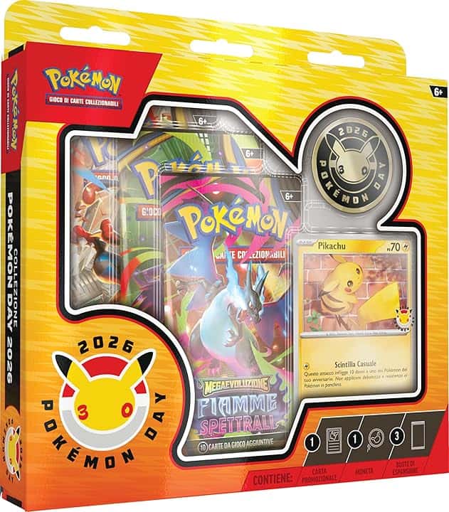 Collezione Pokémon Day 2026 del GCC Pokémon (una carta promozionale olografica, una moneta e tre buste di espansione), Edizione in Italiano