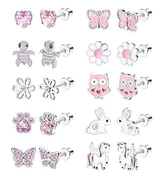 LOLIAS 10 Pairs Carino Vite Indietro Orecchini Donne Ragazze In Acciaio Inox Multicolore Cuore Fiore Farfalla Arcobaleno CZ Orecchini Anallergico Screwback Orecchino Della Vite Prigioniera