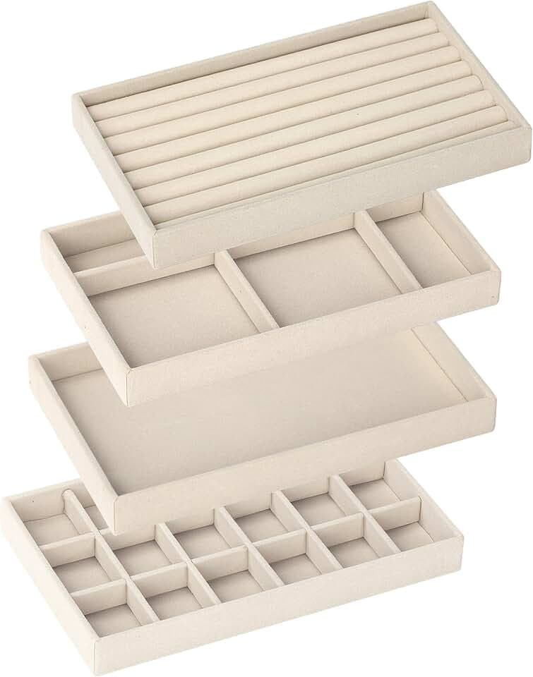 Domkan Domkan 4 Pezzi Organizzatore Gioielli, Vassoi Organizer da Cassetto, Porta Gioielli in Velluto Impilabili Per Conservare ed Esporre Orecchini, Collane, Anelli(beige)