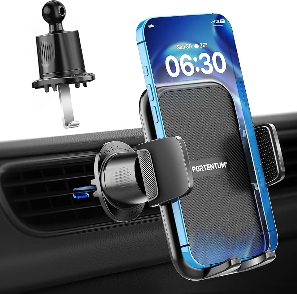 PORTENTUM Porta cellulare auto con gancio per presa d’aria – Nuova versione 2026 – Triplo aggancio – Rotazione 360° orientabile – portatelefono da automobile compatibile con telefoni da 4 a 7,5"
