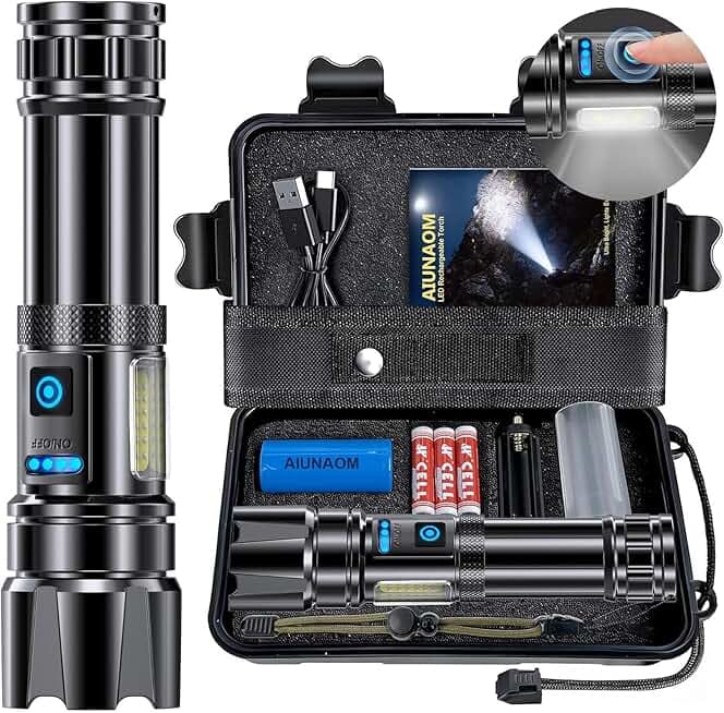 Torcia LED Ricaricabile, Torcia LED Potente Professionale,500000 lumen IPX6 Impermeabile con 9 Modalità Luce, per campeggio, escursionismo, emergenze