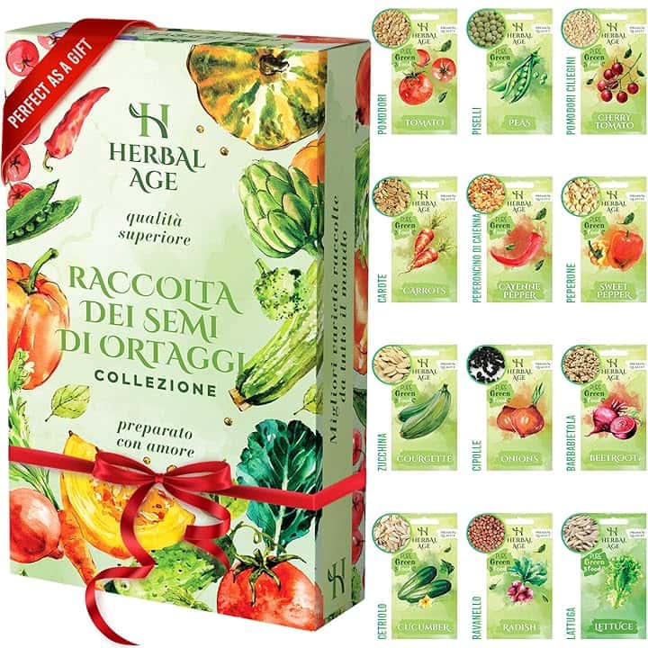 HERBAL AGE Kit Semi Ortaggi, 12 Varietà di Semi Orto – 5100 Semi da Piantare, Pomodori, Carote, Cetrioli, Zucchine – Idee Kit Regalo Per La Casa, Idee Regali Originali di Natale per Donna, Uomo