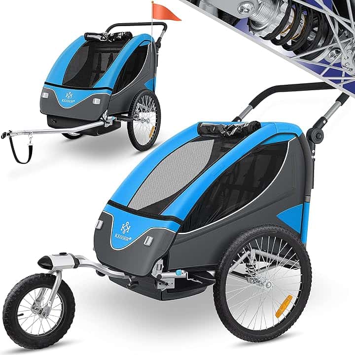 KESSERยฎ Rimorchio per Bambini, ruotabile a 360ยฐ, con Sospensioni, 2in1 - Funzione Jogger/Rimorchio, Cintura a 5 punti, per 1 o 2 Bambini/max. 40kg
