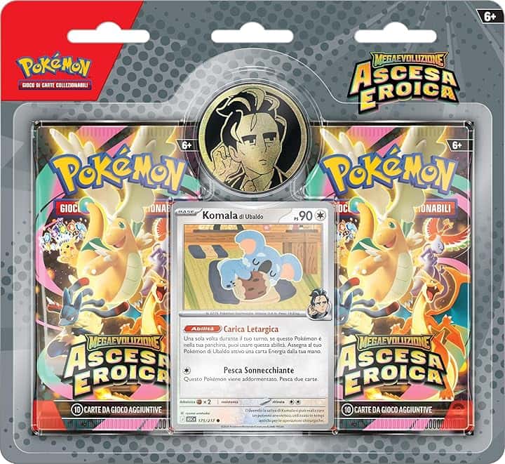 Pokémon: collezione Ubaldo dell’espansione Megaevoluzione - Ascesa Eroica del GCC Pokémon (una carta promozionale olografica, una moneta e due buste di espansione), Edizione in Italiano