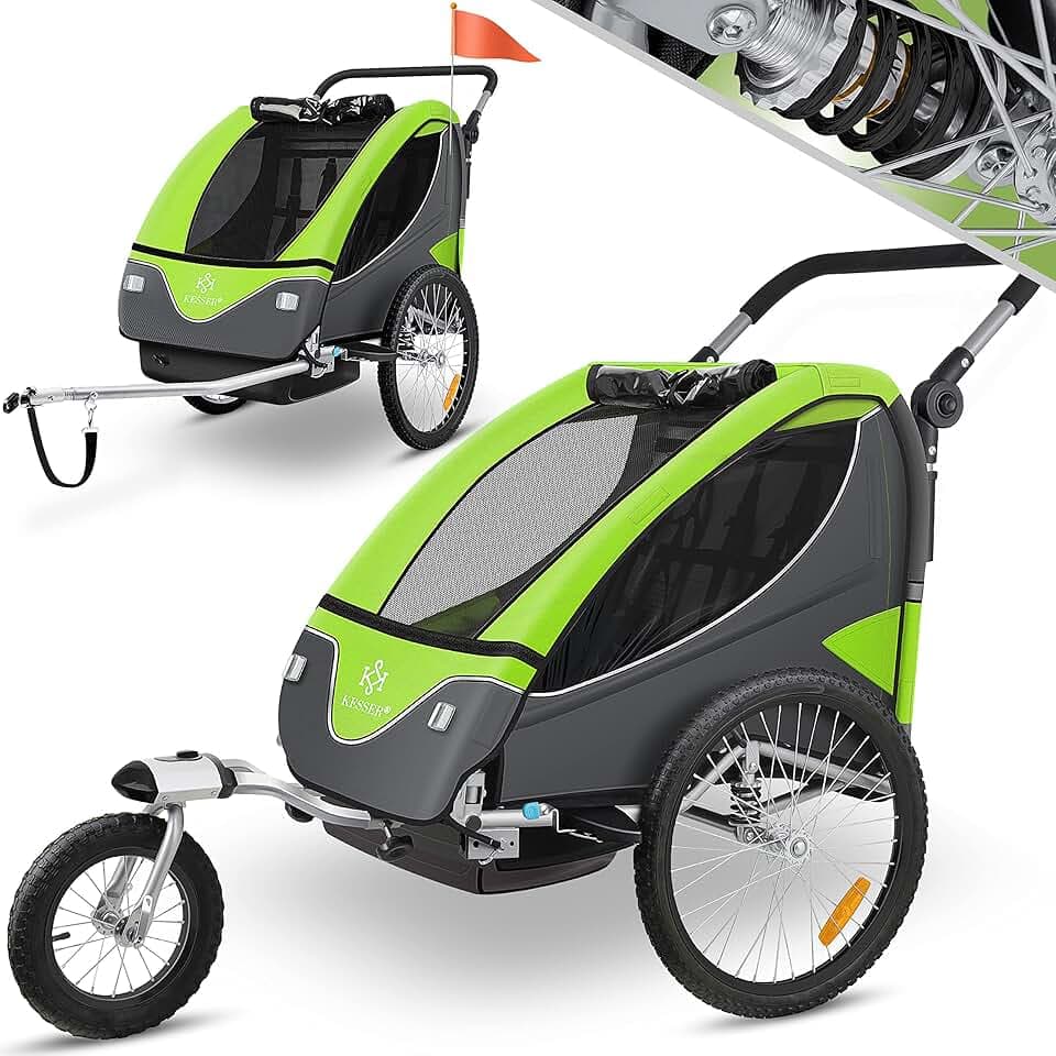 KESSER® Rimorchio per Bambini, ruotabile a 360°, con Sospensioni, 2in1 - Funzione Jogger/Rimorchio, Cintura a 5 punti, per 1 o 2 Bambini/max. 40kg